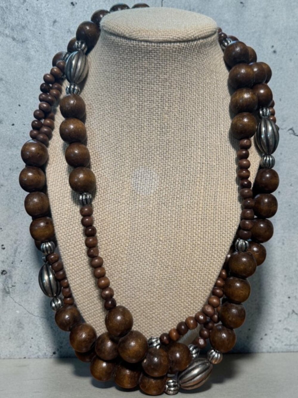 Boho Vintage Multi-Strand Wooden Bead Necklace With Silver-Tone 38"